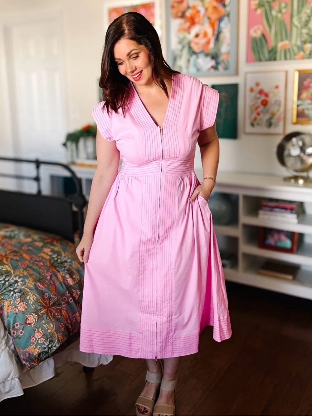 Women’s Pink V-Neck Midi Dress with Pintuck Detail